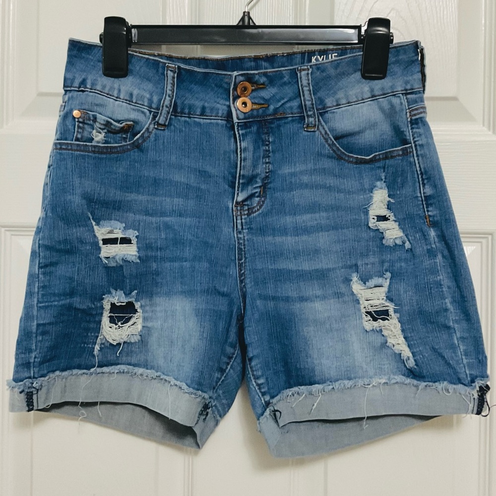 Blue Distressed Denim Shorts - Picture 1 of 8